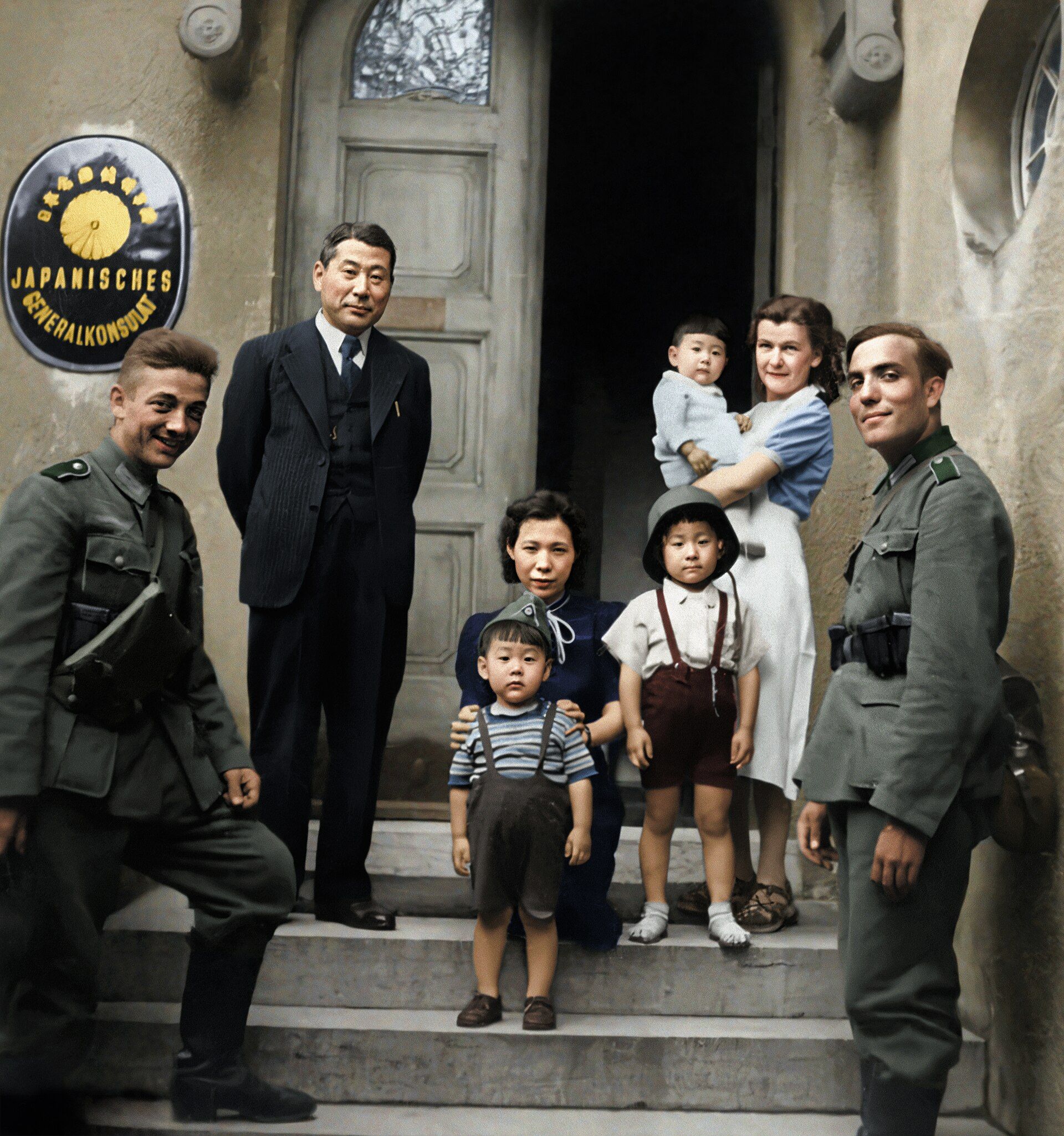 Chiune Sugihara and his family at the Japanese consulate in Königsberg, 1941 (colorized)